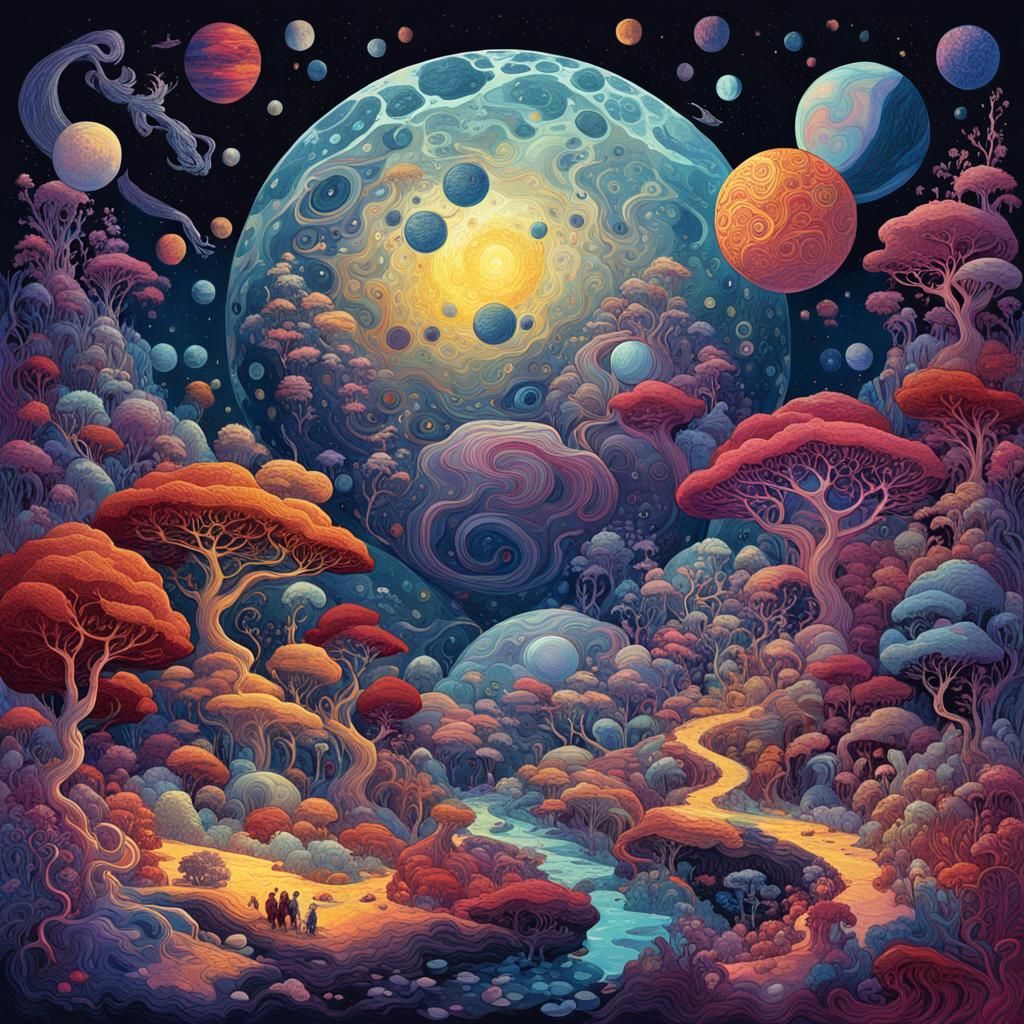 Surreal Planets with Thousands of Moons in Vibrant Hues