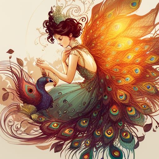 Luminous Peacock with Golden Outlines as Digital Art