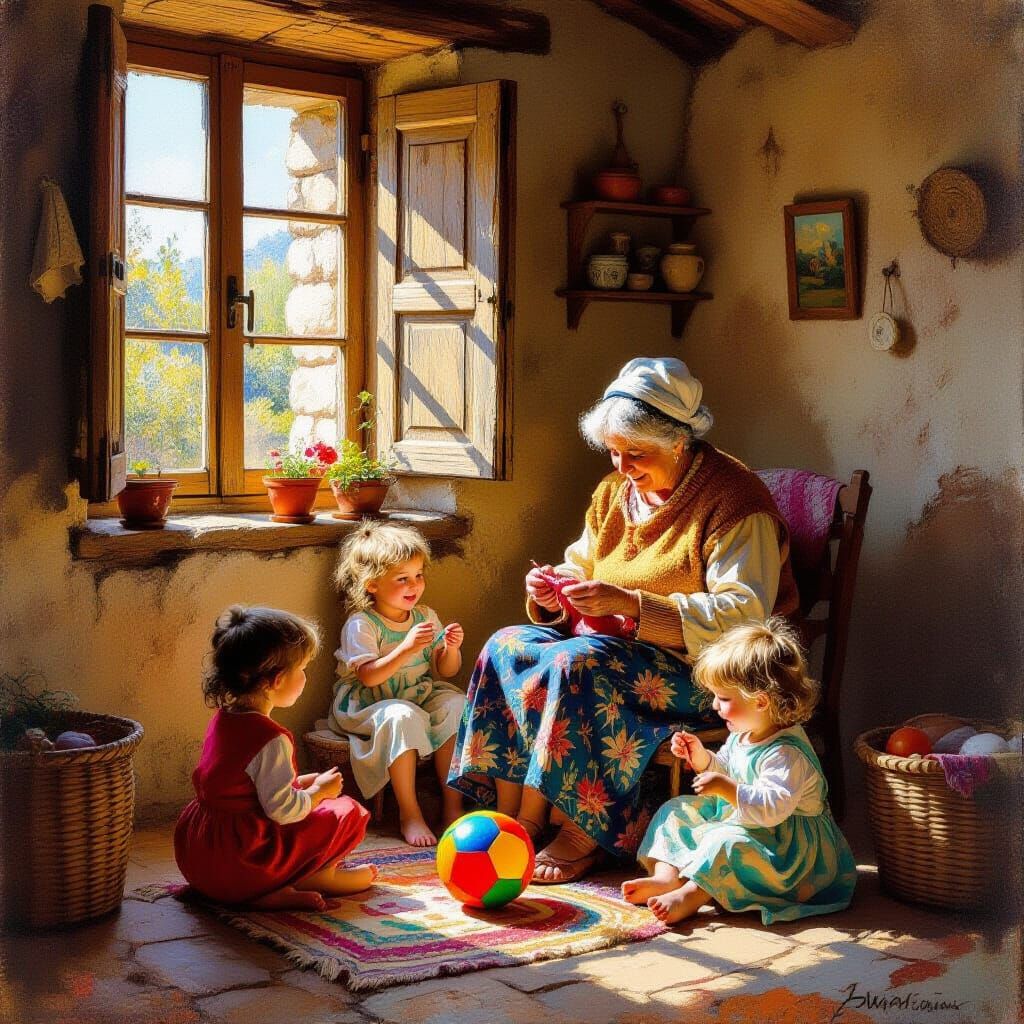 Sicilian Grandmother Knitting with Children in Sunlight