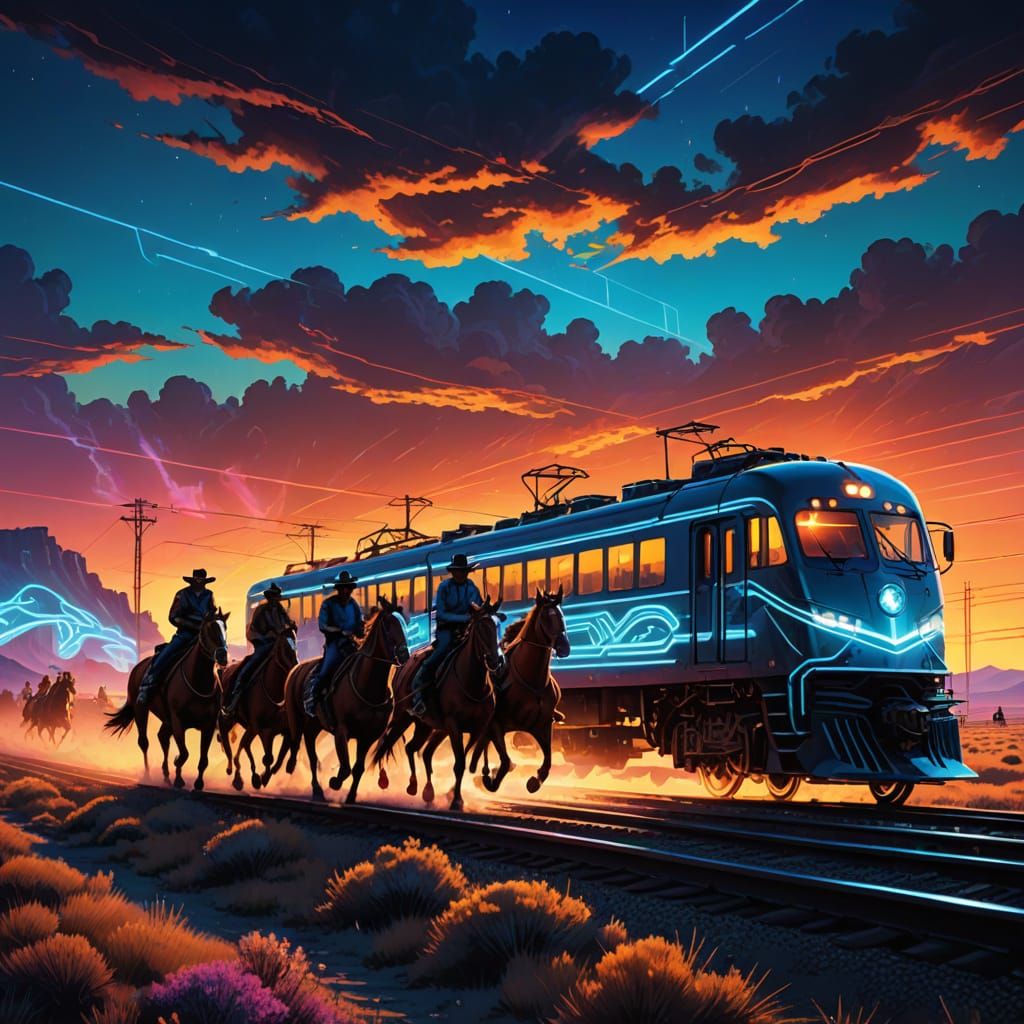 Futuristic Train Chased by Cowboys in Neon-Noir Art Style