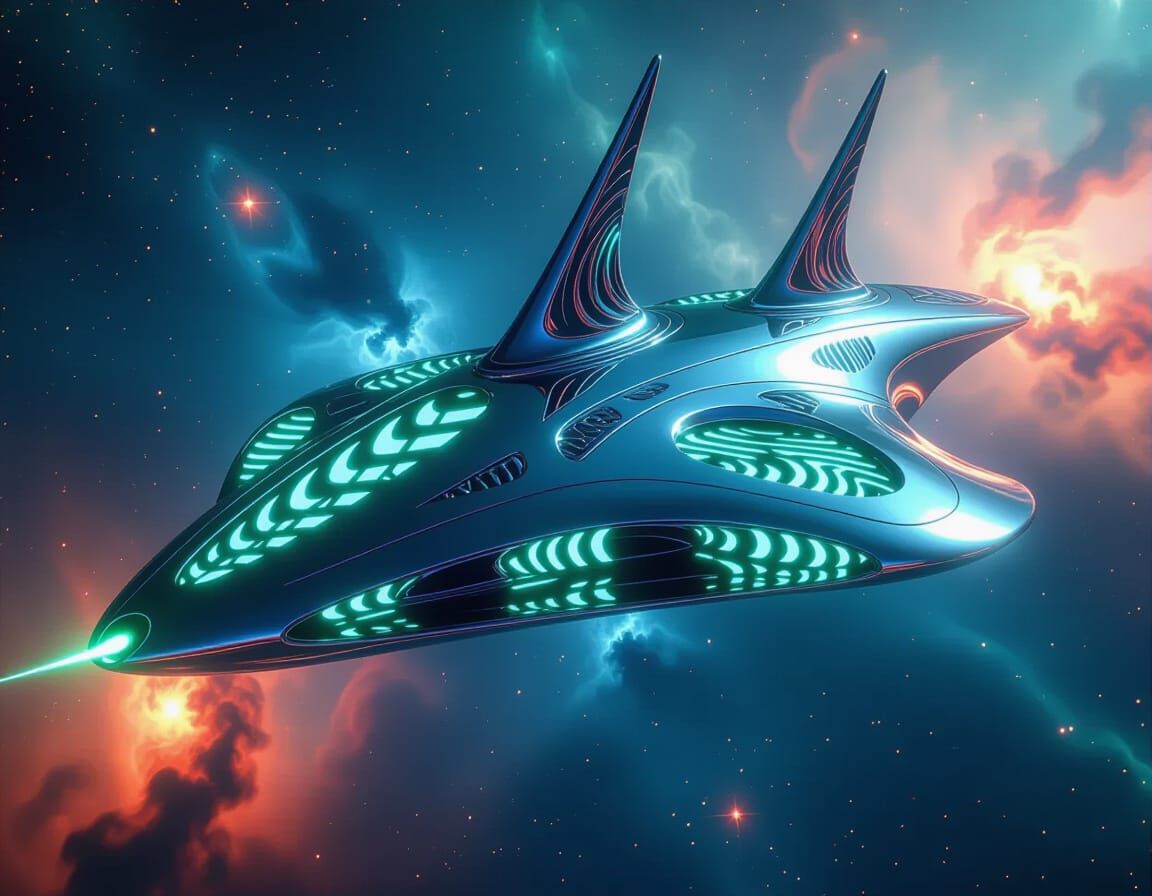 Biopunk Spaceship Flies Through Cosmos in Fractal 3D