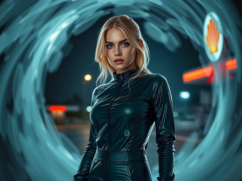 Blonde Woman Emerges from Wormhole: Photorealistic Sci-Fi