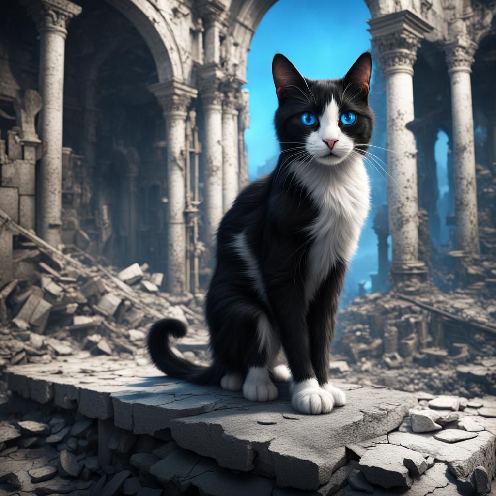 Monochrome Cat with Blue Eyes in Ruins