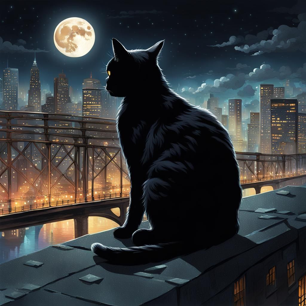 Nighttime Cityscape View with Black Cat