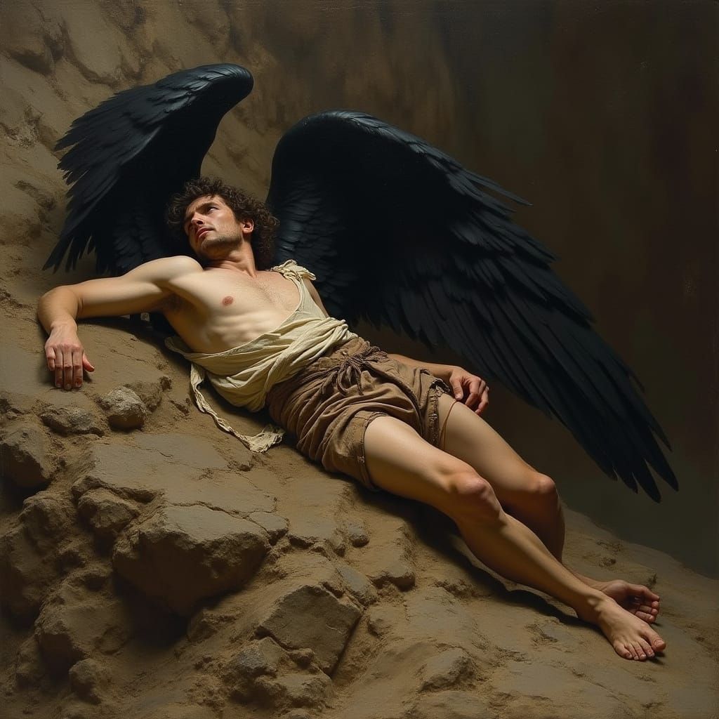 Fallen Angel on Rocky Slope in Dramatic Painting