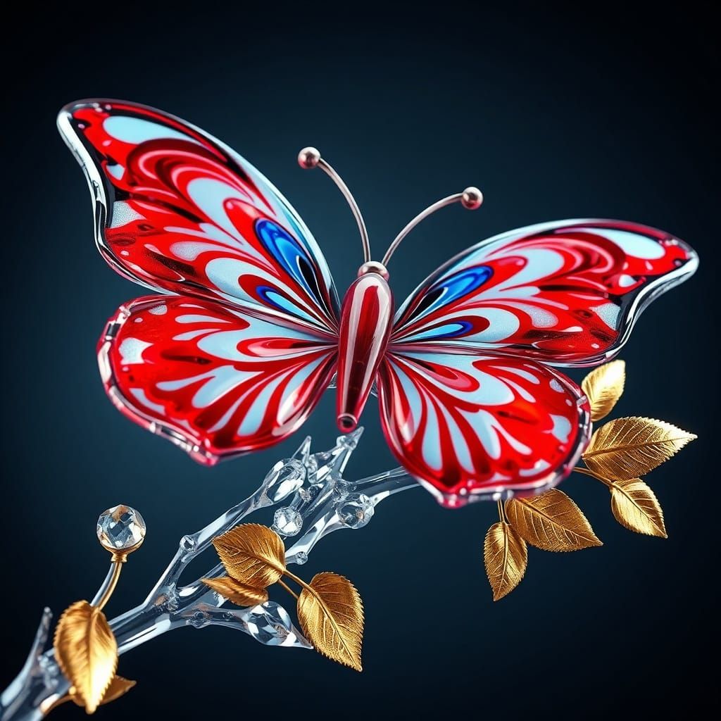 Glass Butterfly Sculpture with Swirling Red, White, Blue Win...