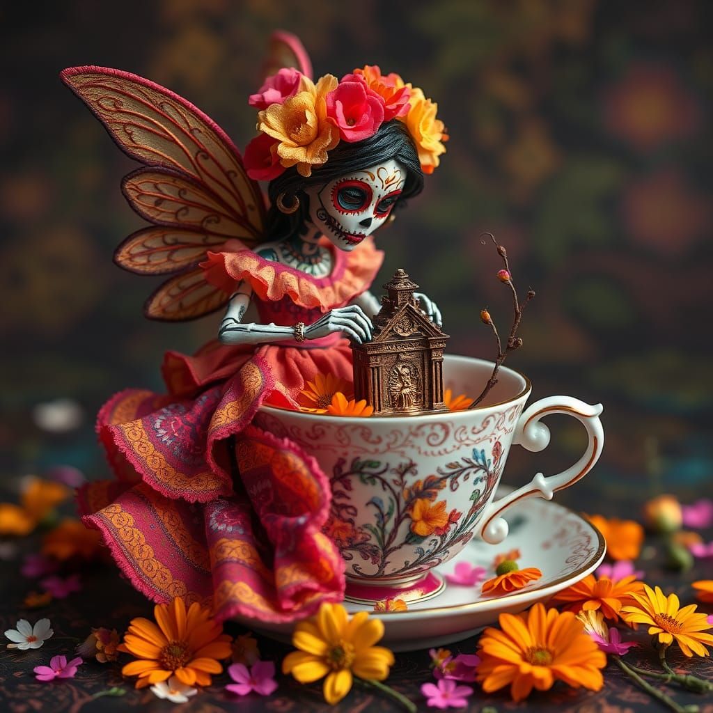 Dia De Muertos Fairy Builds Shrine in Teacup