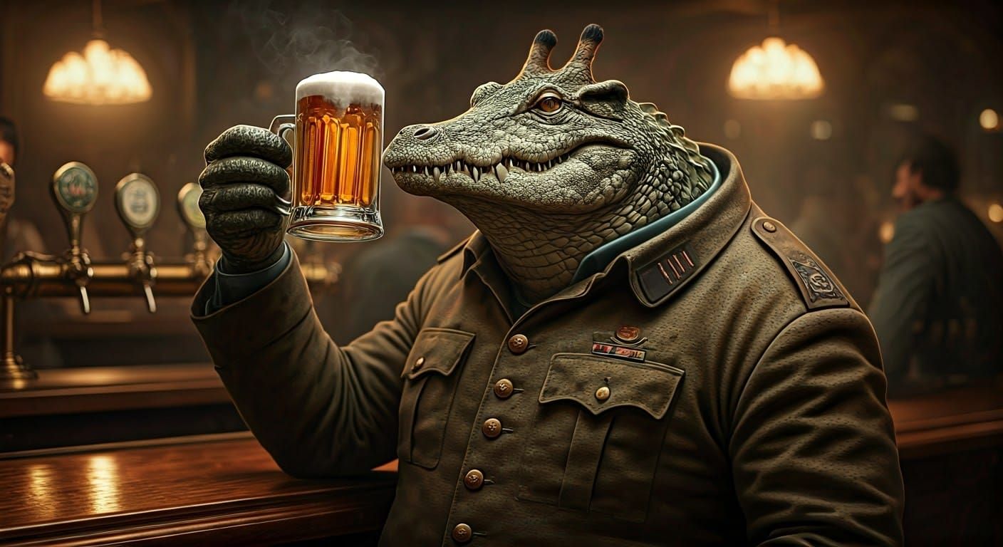 Grizzled Crocodile-Giraffe Hybrid Sits in Bar, Beer in Hand,...