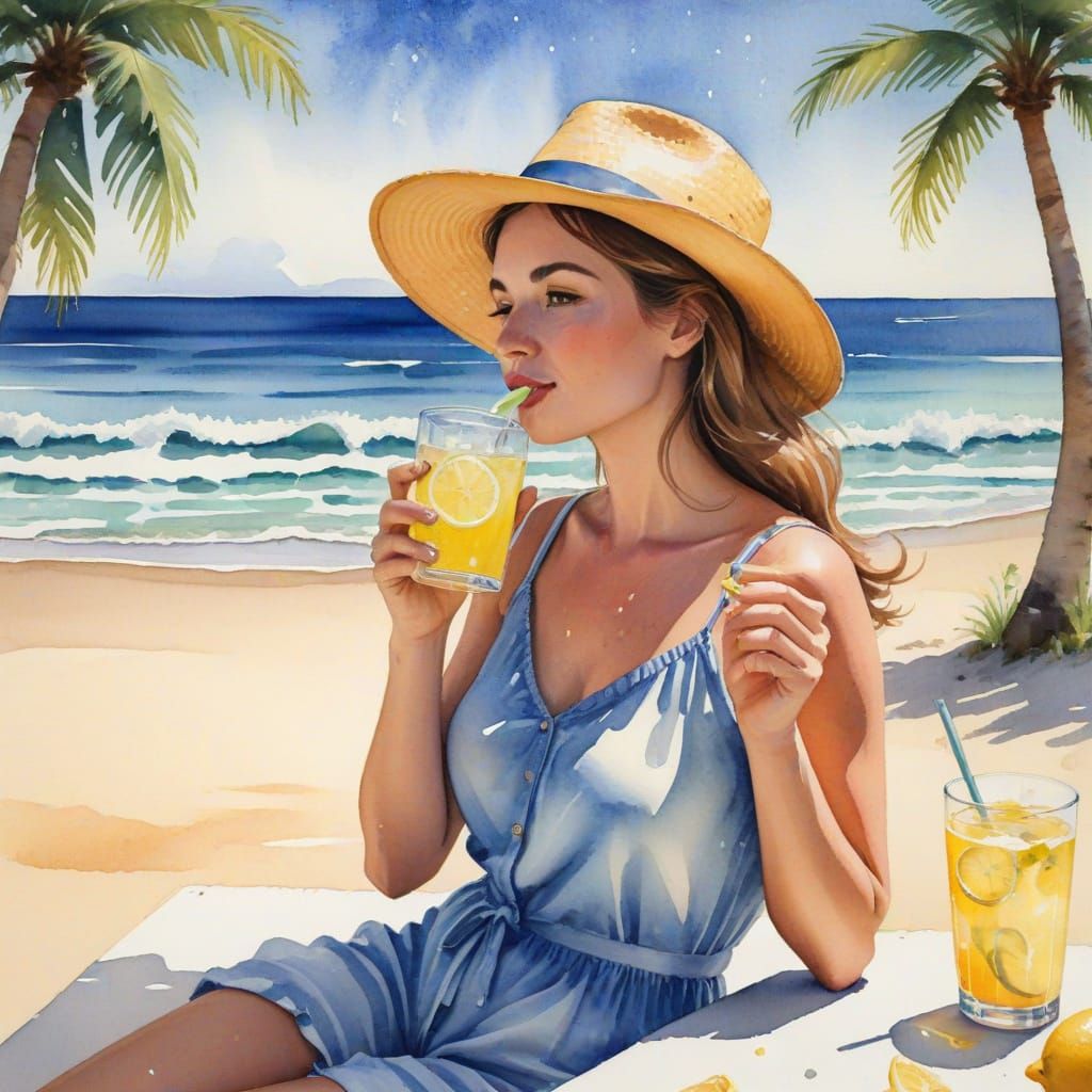Watercolor Woman Sipping Lemonade on Beach