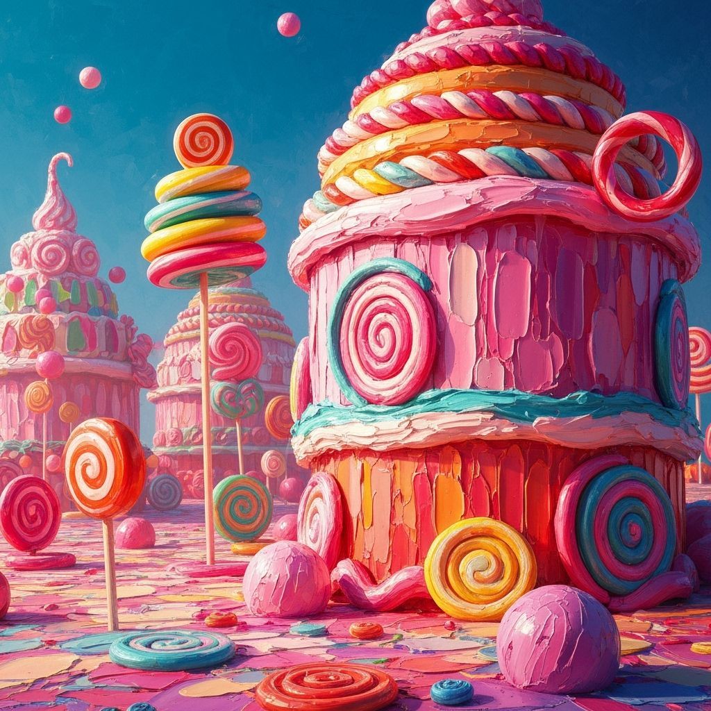 Vibrant Candyland Scene in Neo-Impressionist Oil Style