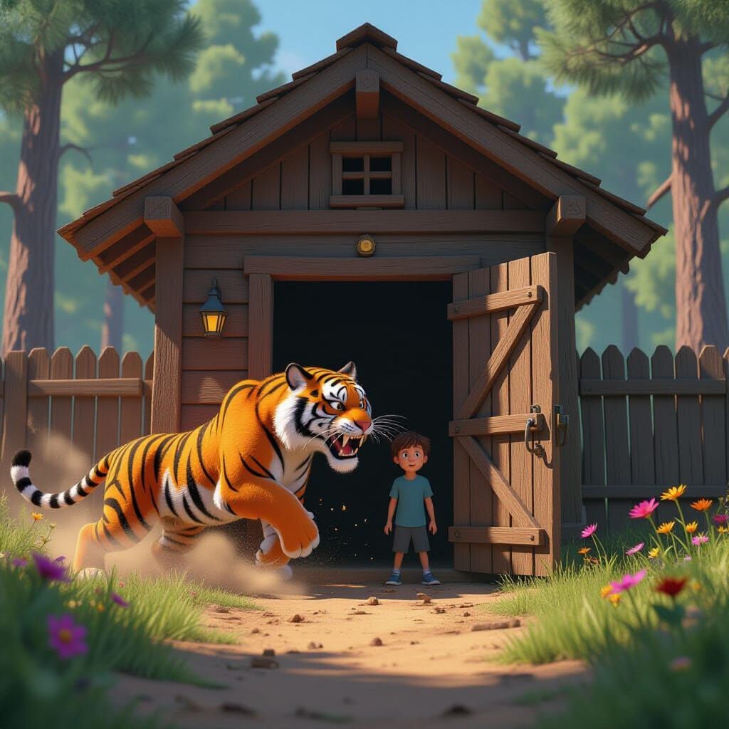 Tiger Attacks Wooden House, Boy Defends Sister