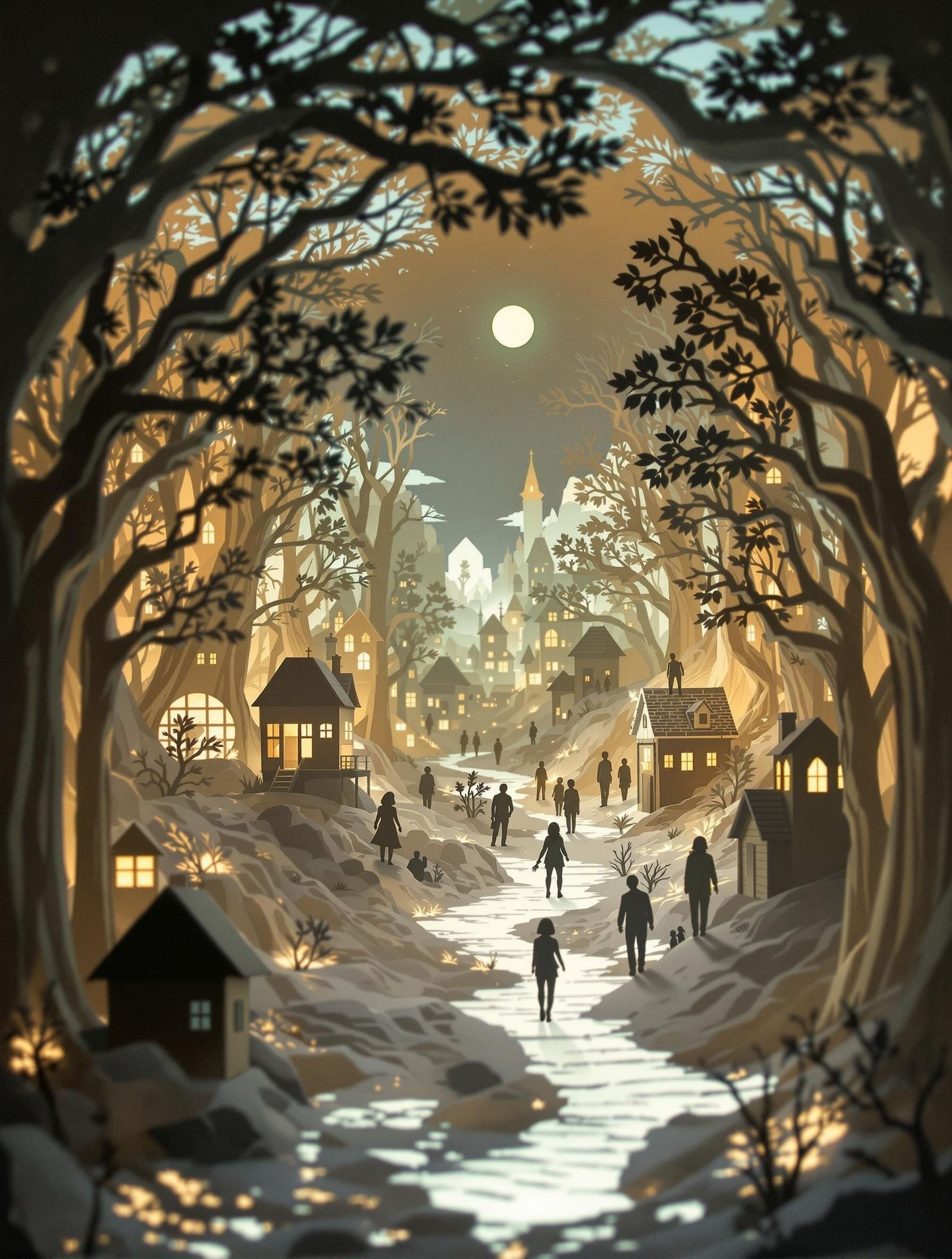 Grisaille Village in LED Papercut Shadowbox