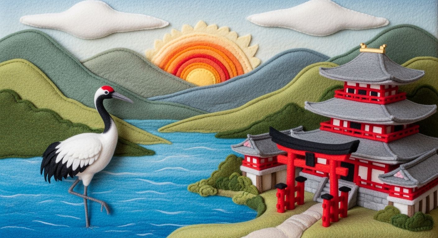 Felt Diorama of Japanese Landscape with Crane