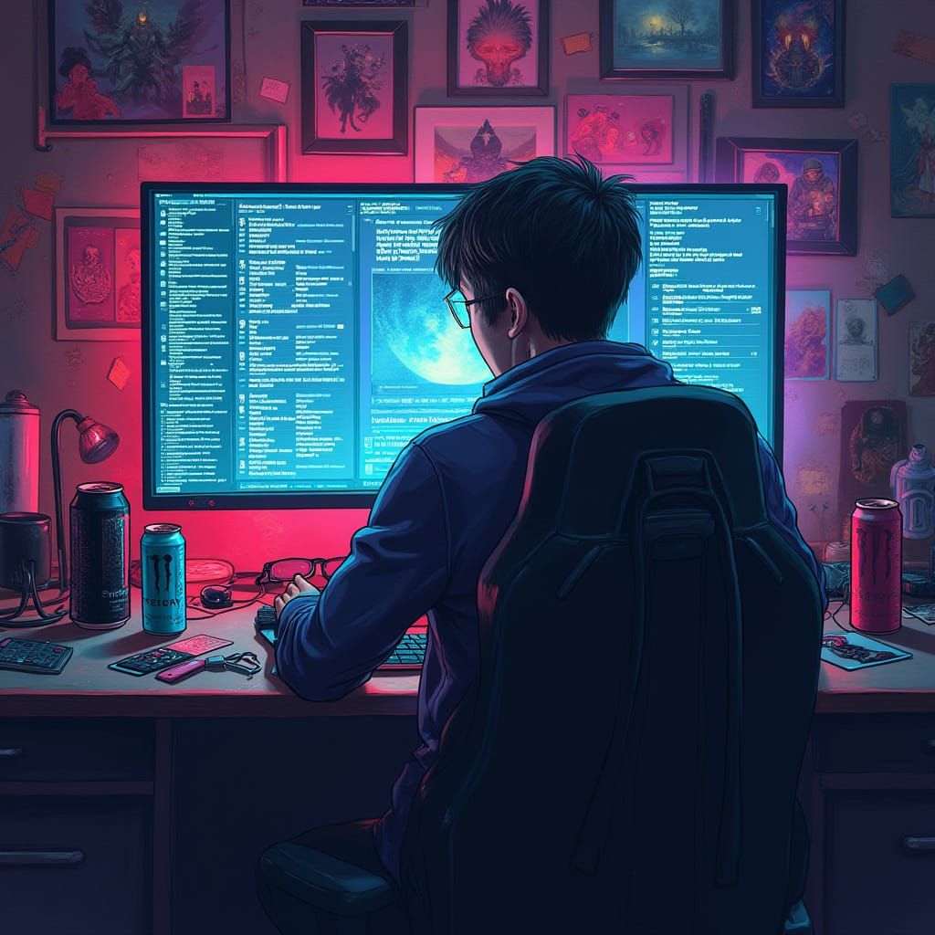 Frustrated Gamer Overwhelmed by Neon-Lit Notifications in Fu...