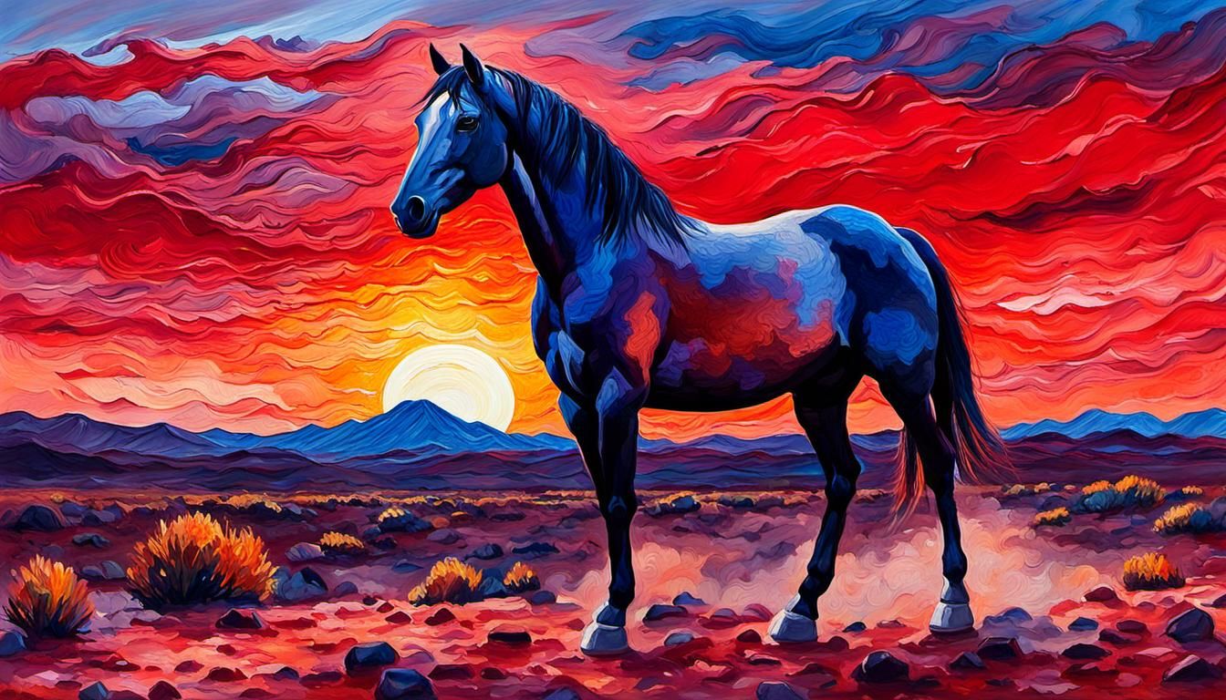 Horse at Desert Sunset: Impasto Gouache Painting