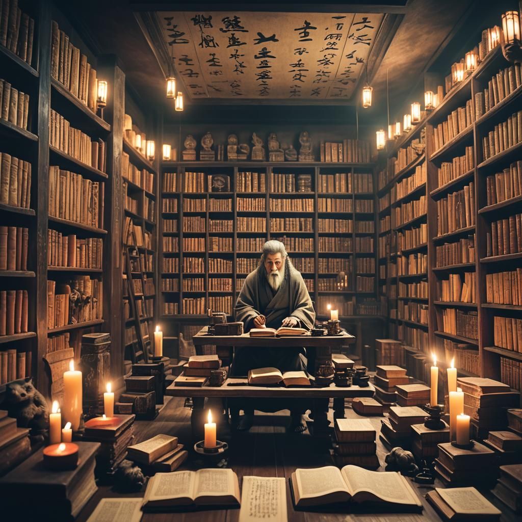 Cinematic Ancient Asian Library with Figures and Writings