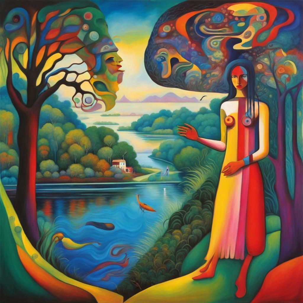 Surreal Amazon Woman Painting in Kandinsky Style