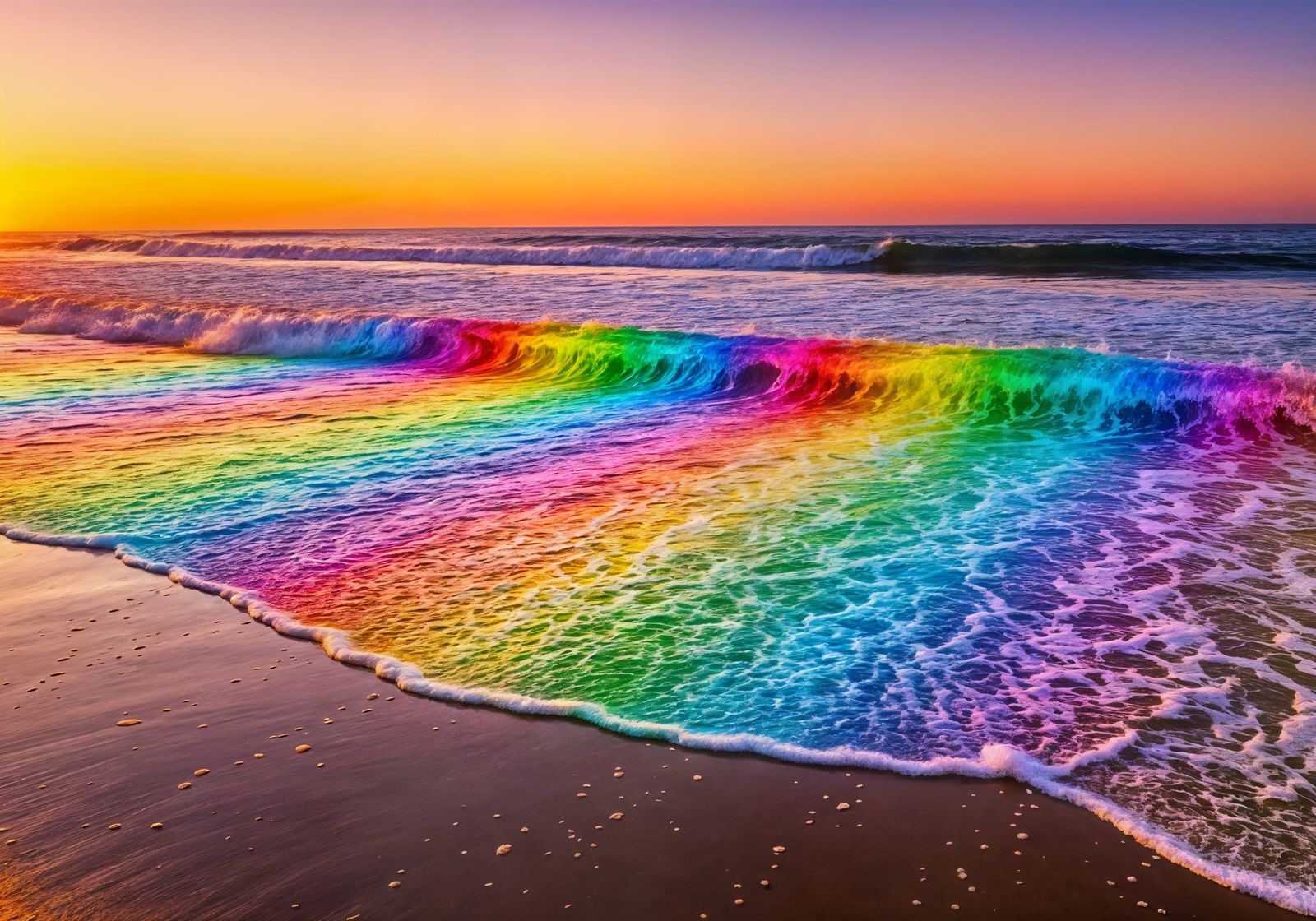 Surreal Rainbow Waves Crash on Sunset Beach