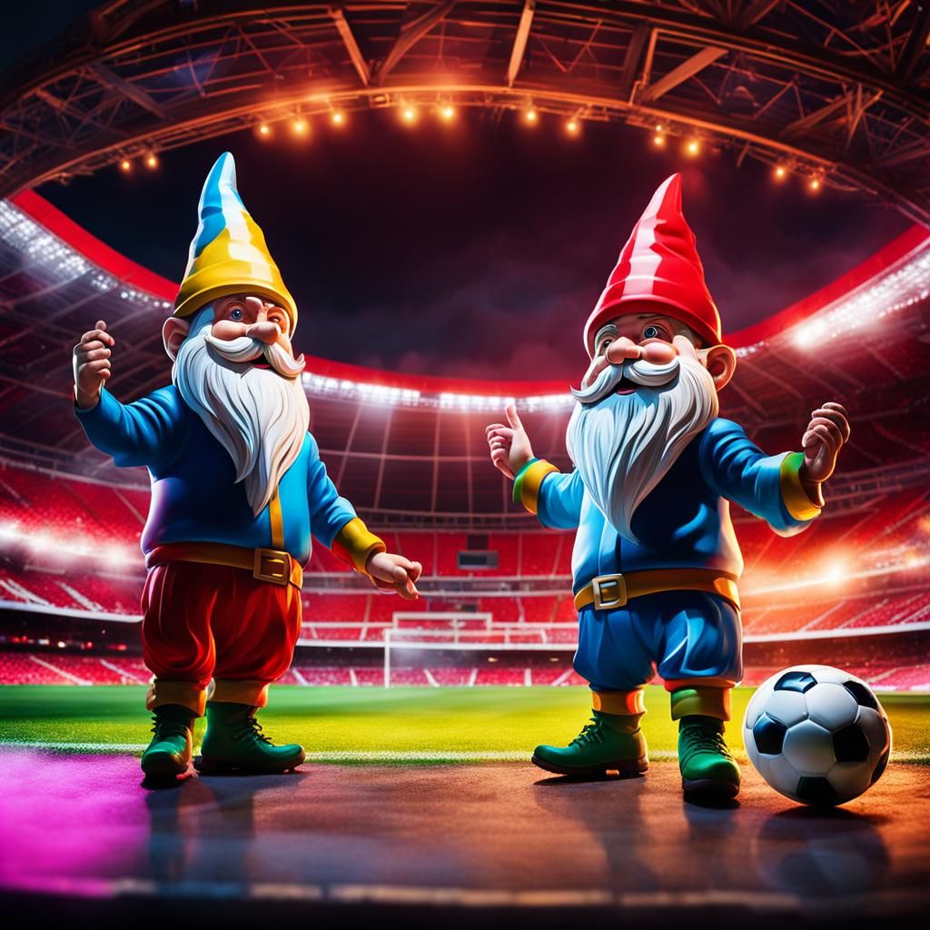 Gnomes Play Soccer in Wembley: Maximalist Illustration