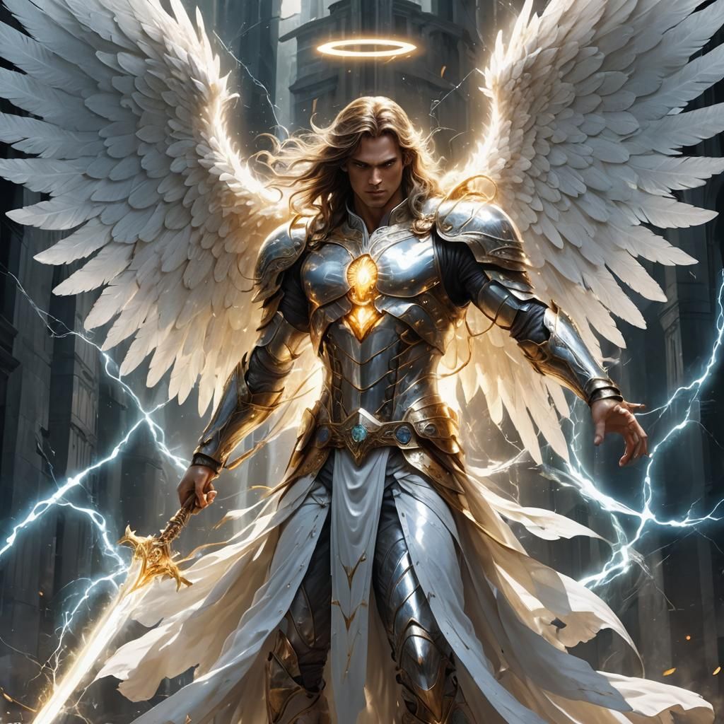 Radiant Angel with Lightning Sword in Anime Style