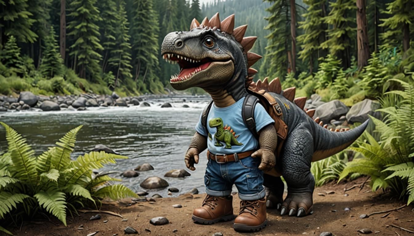 anthropomorphic dinos wearing jeans and brown leather hiking...