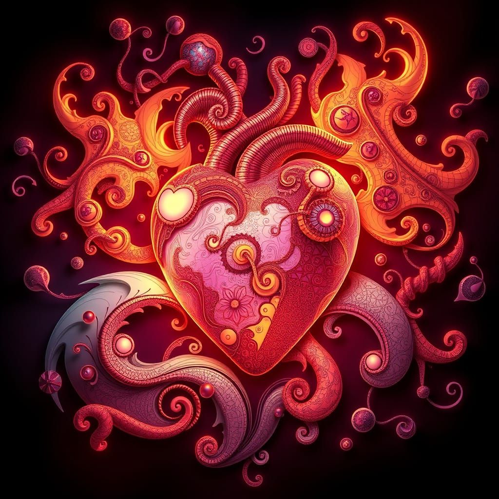 Glowing Heart with Fractal and Zentangle Patterns