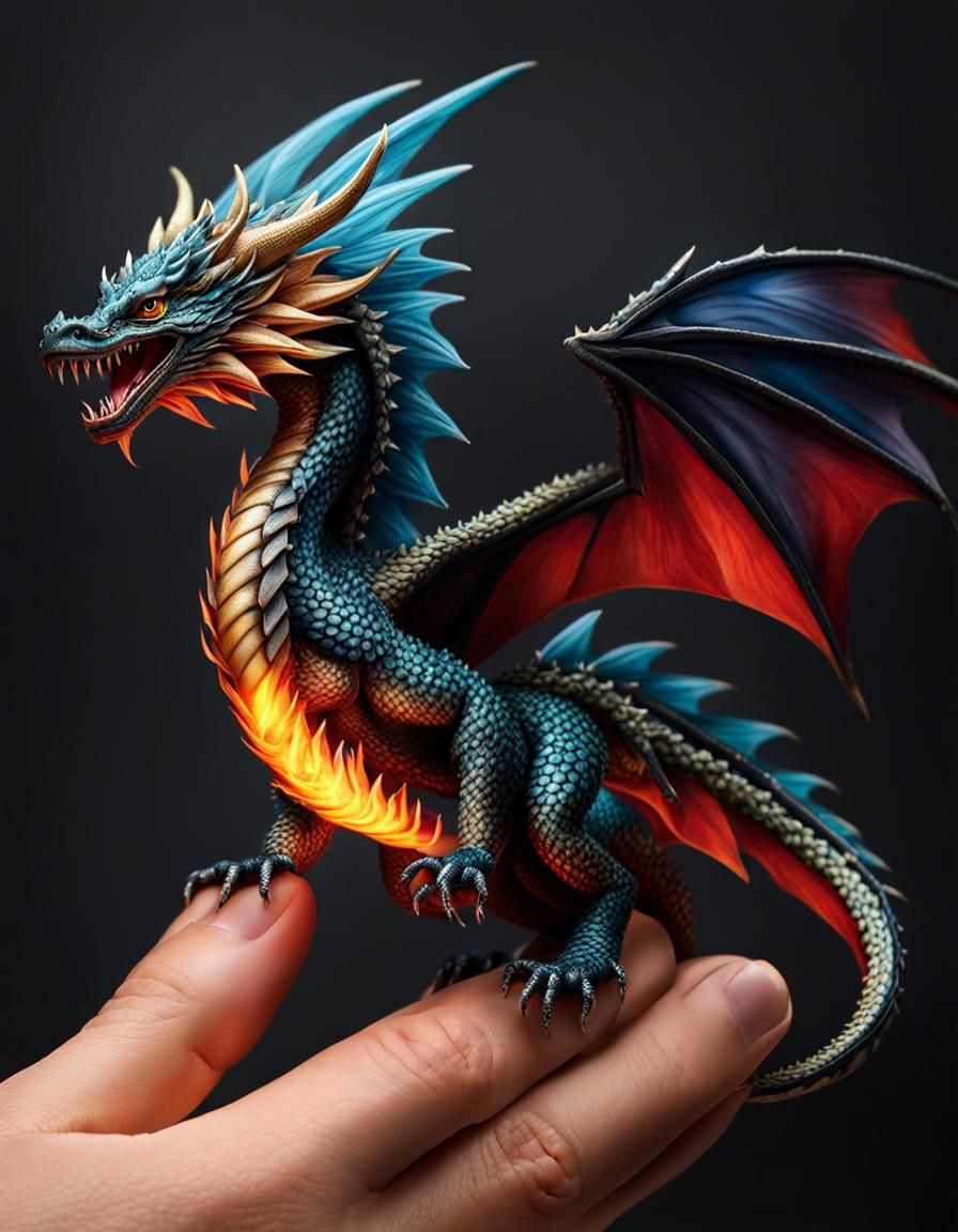 Colorful Dragon Roaring on Human Finger in Hyperrealism