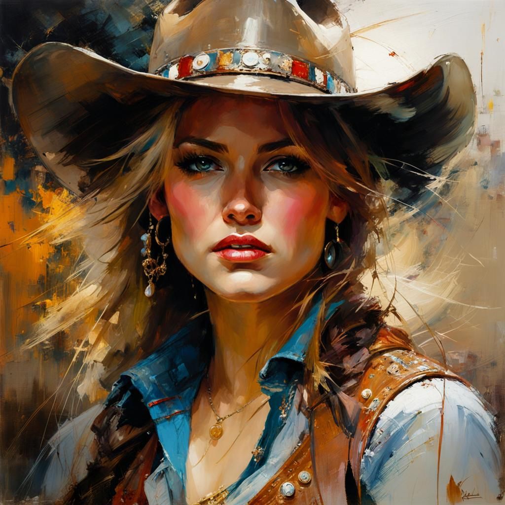 Cowgirl Portrait with Dramatic Lighting as Oil Painting