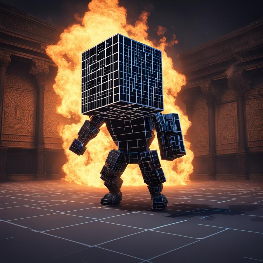 Burning Bull-Man Beside a Giant Rubik's Cube