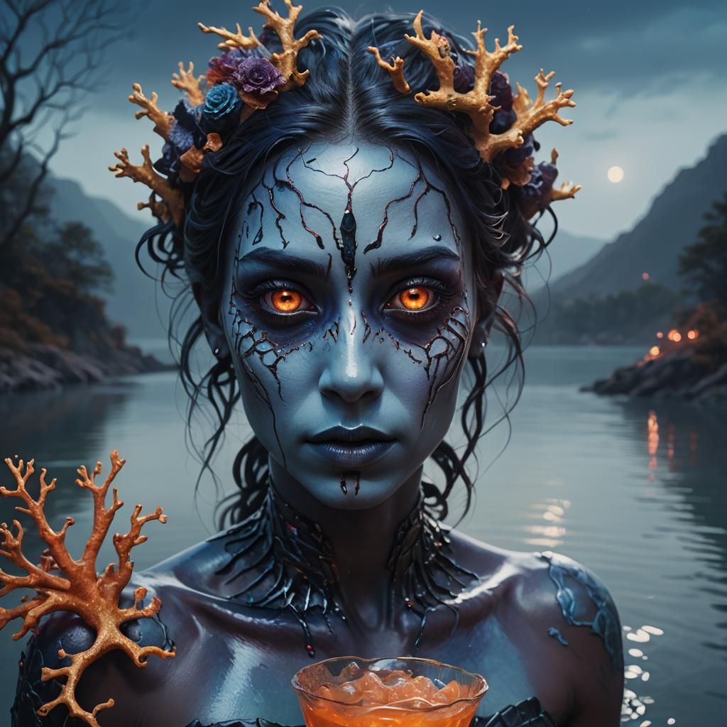 Coral Girl with Three Eyes Drinking by Moonlight