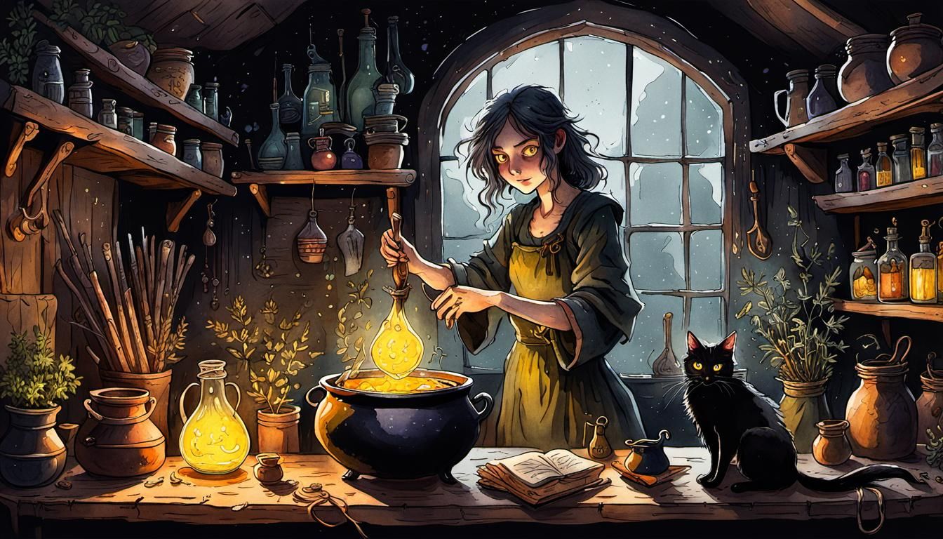 Watercolor Witch Brews Potion with Black Cat