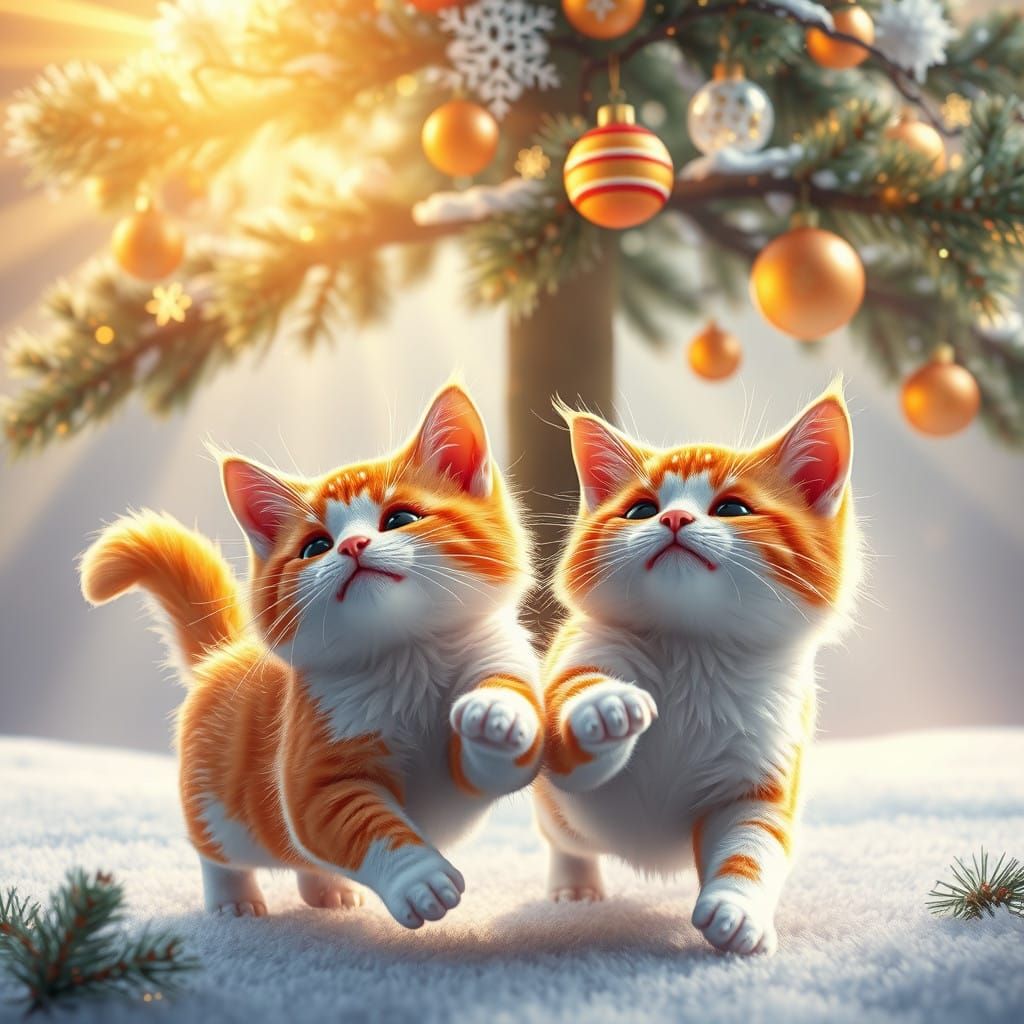 Vibrant Cats Play Under Majestic Christmas Tree