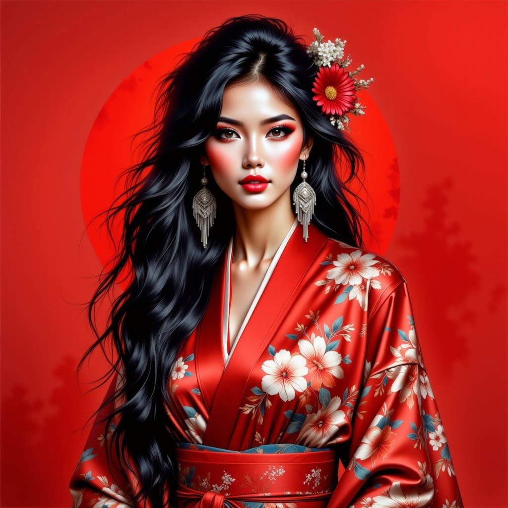 Elegant Woman in Red Kimono Digital Illustration