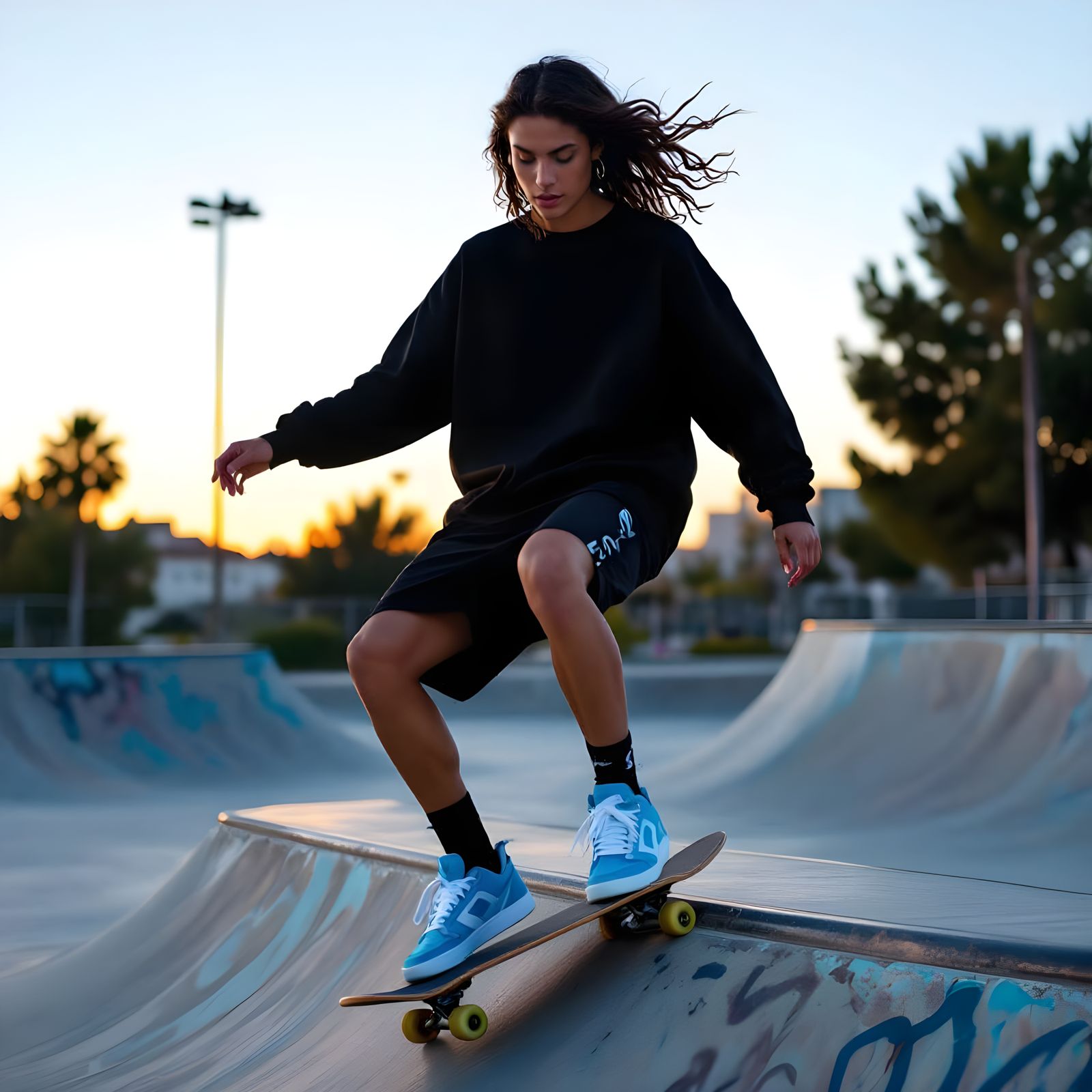 Urban Model Jumps in Sky Blue Sneakers at Sunset Skatepark