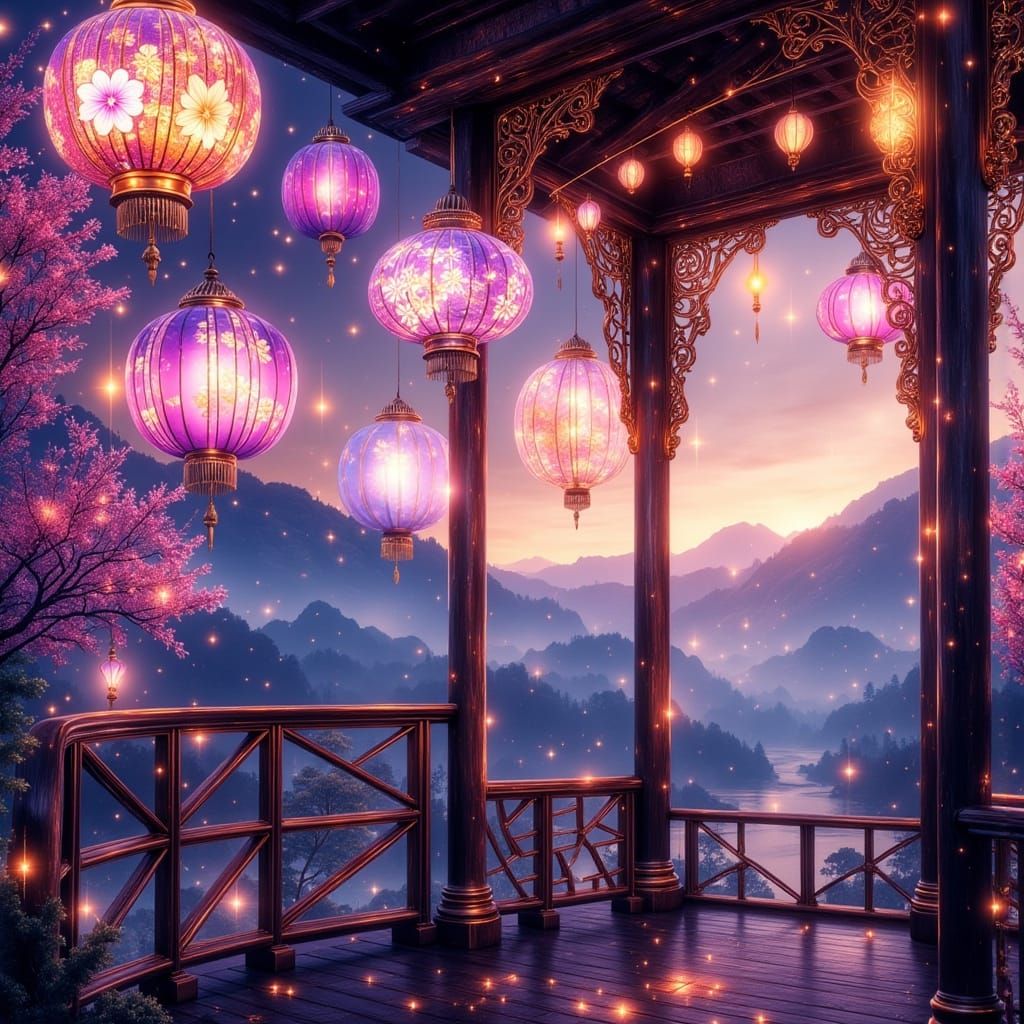 Impressionistic Gazebo at Dusk with Lanterns