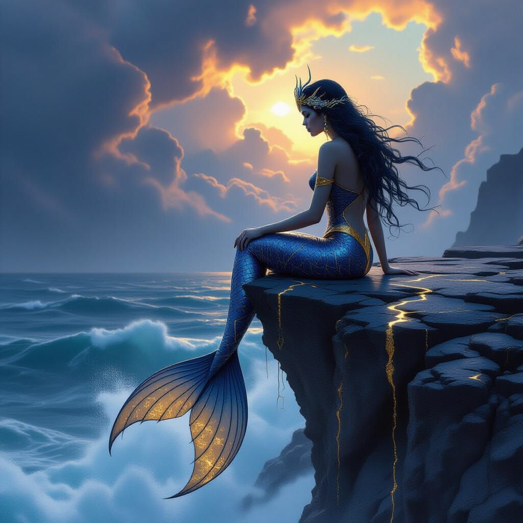 Mermaid on Cliff Overlooking Stormy Ocean in Kintsugi Style