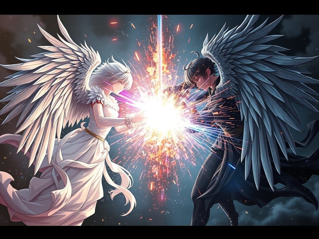Epic Anime Angel Battle with Fireworks