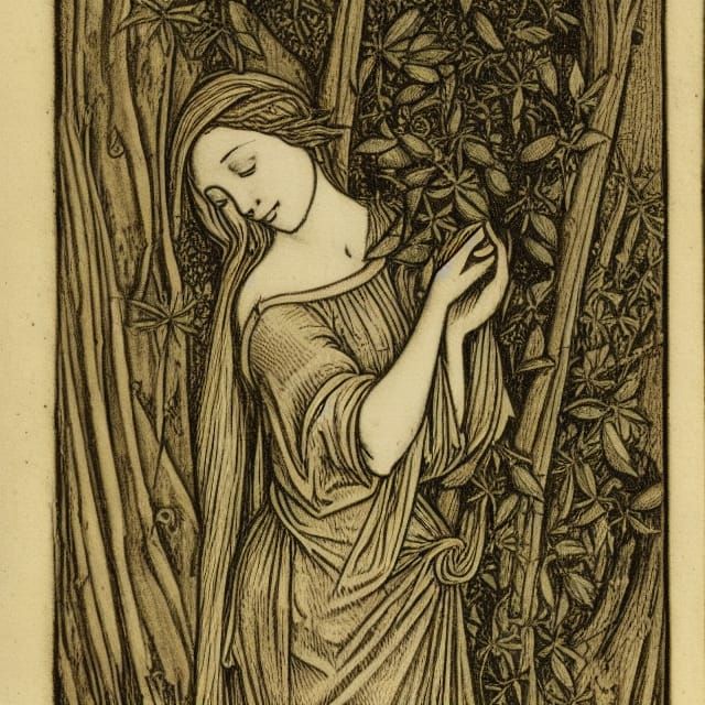 Nymph and Yew: Medieval Art Nouveau Woodcut