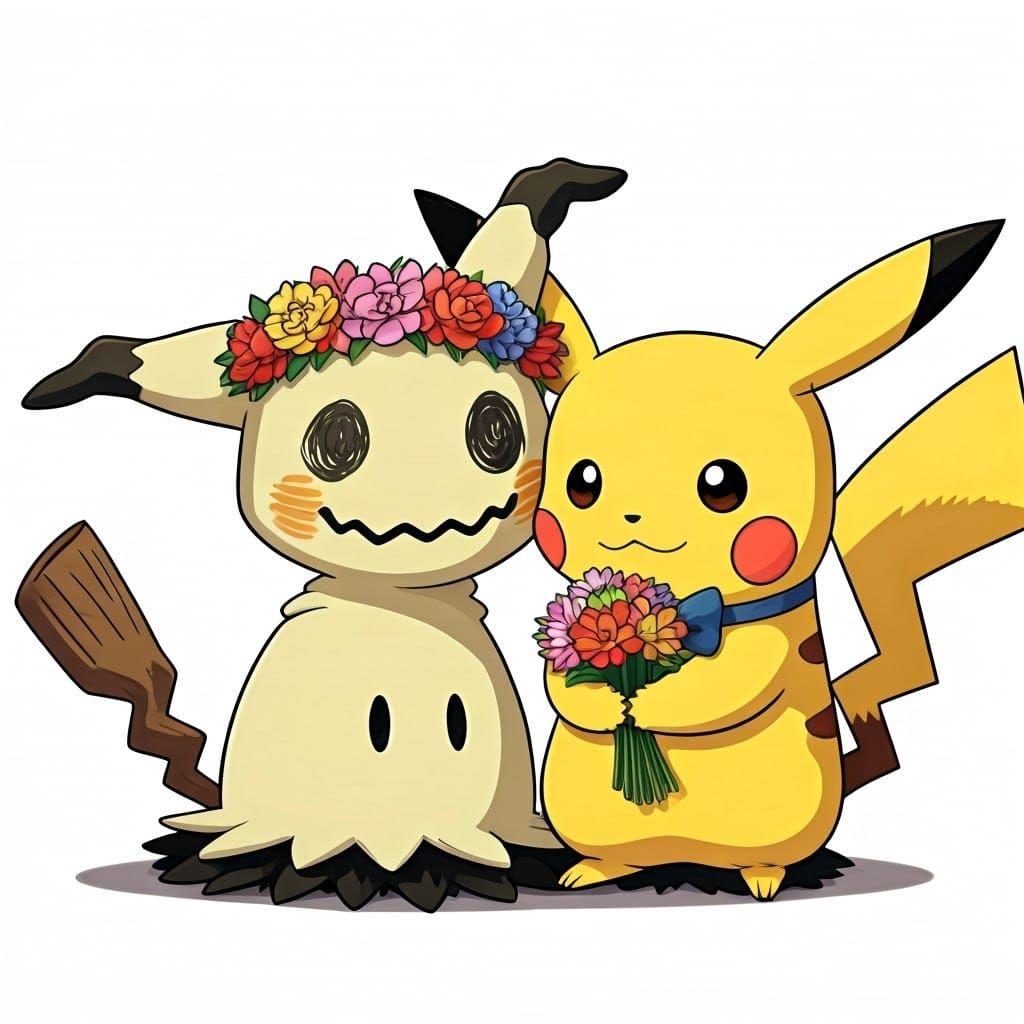 Pikachu and Mimikyu in Whimsical Floral Delight