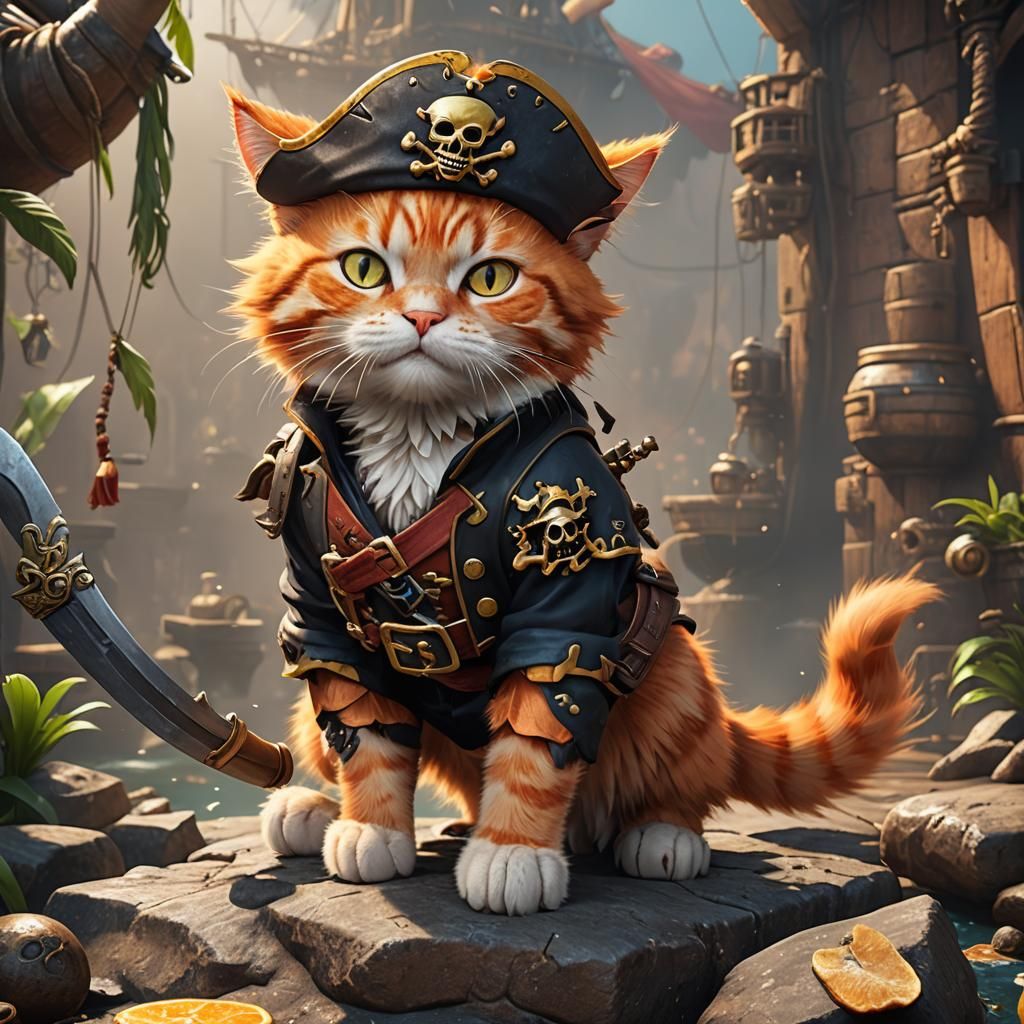 Adorable Pirate Cat with Eyepatch, Detailed Digital Art