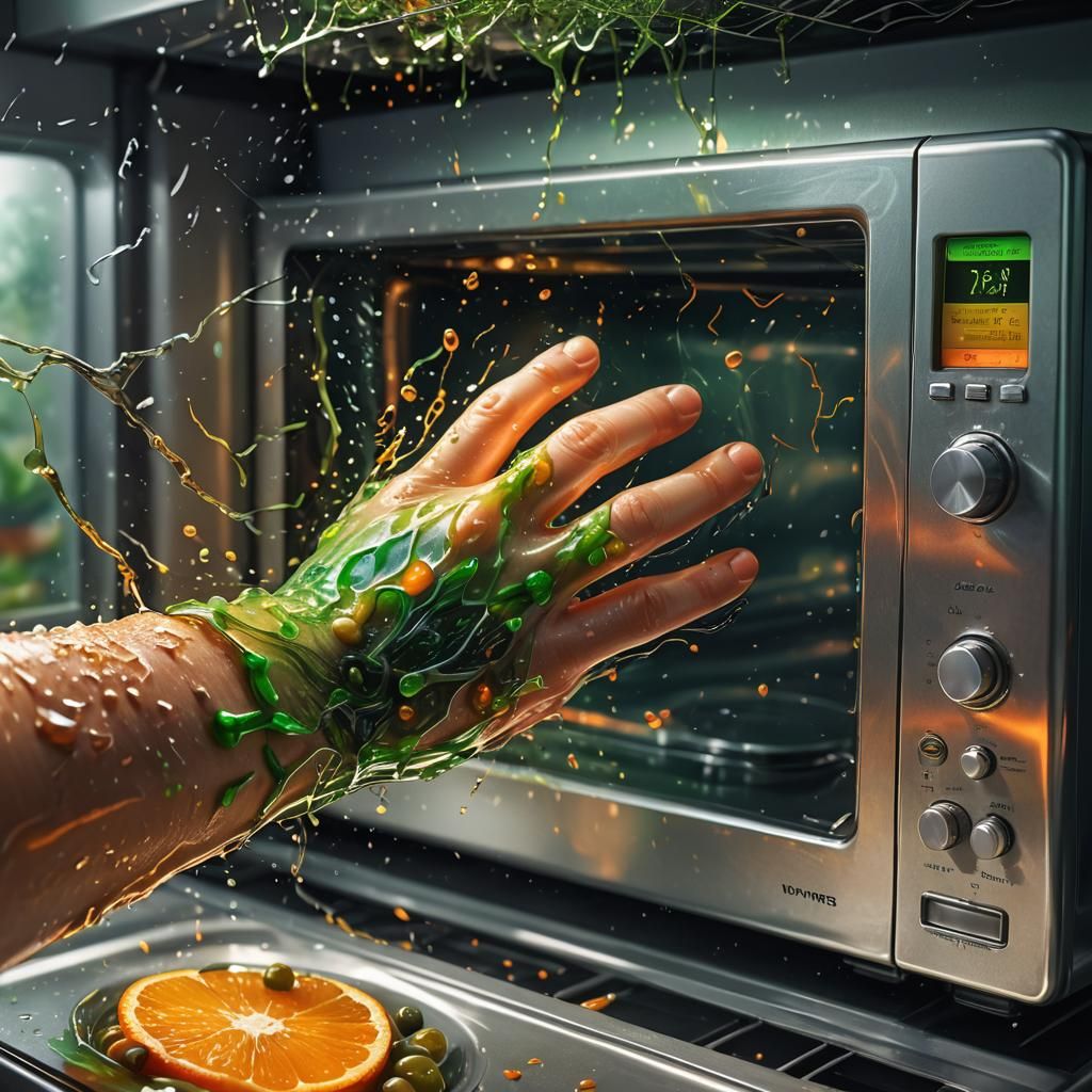 Hand Reaching into Microwave in Vivid Digital Art
