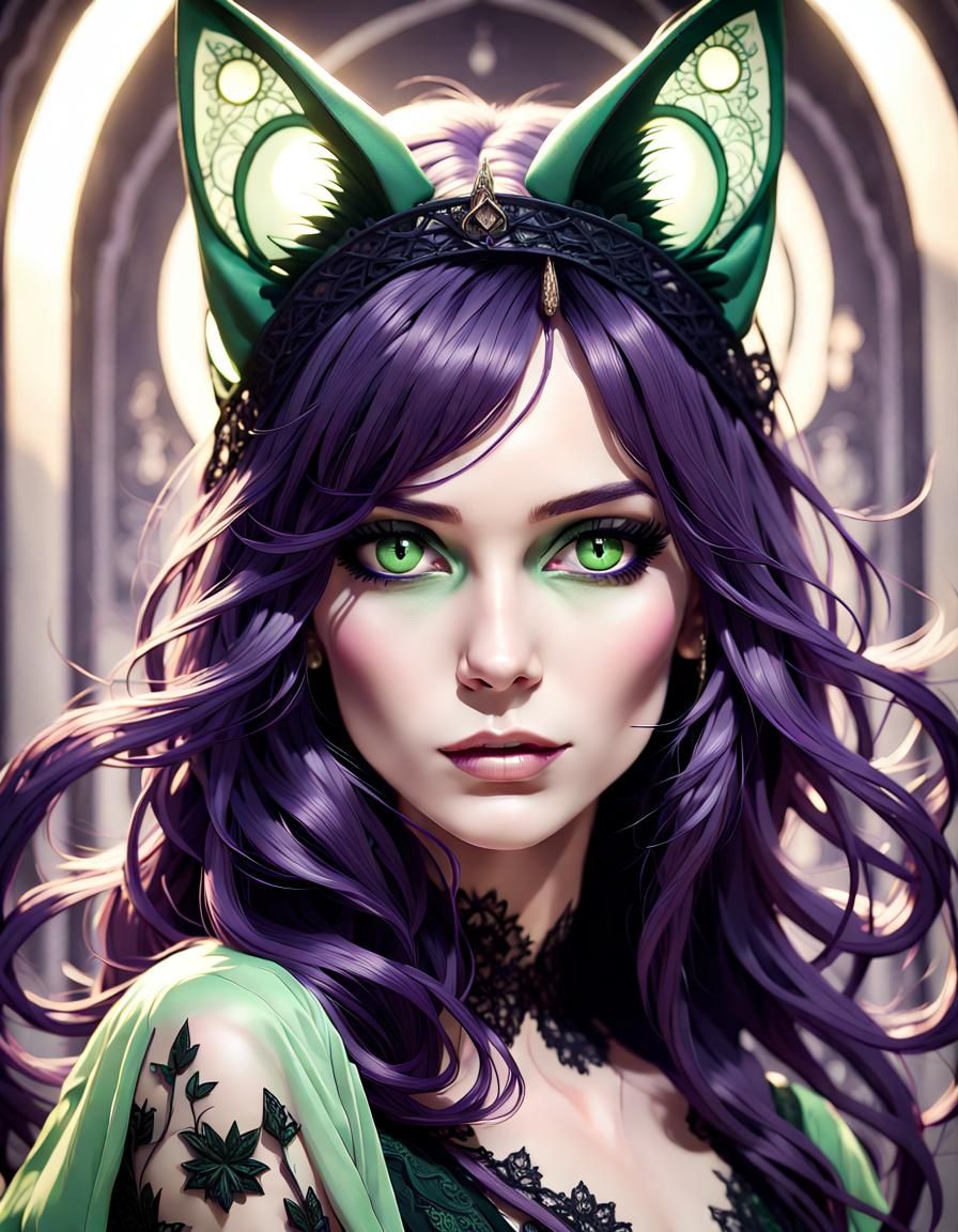 Hyperdetailed Cat-Eyed Woman in Art Nouveau Style