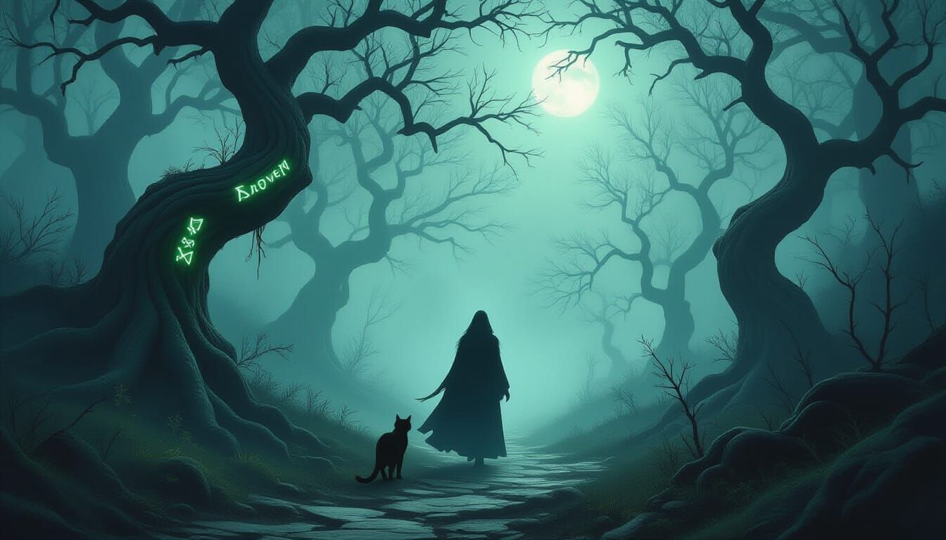 Ethereal Forest Path with Witch and Glowing Runes
