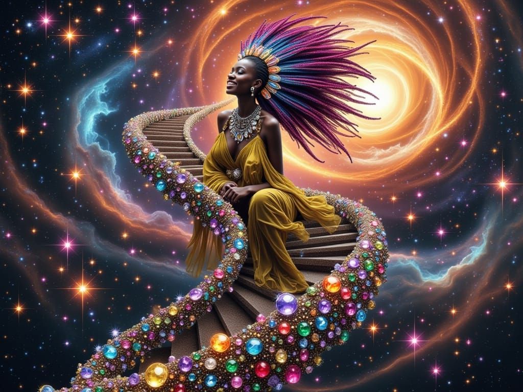 Alien Woman on Gemstone Staircase in Cosmic Scene