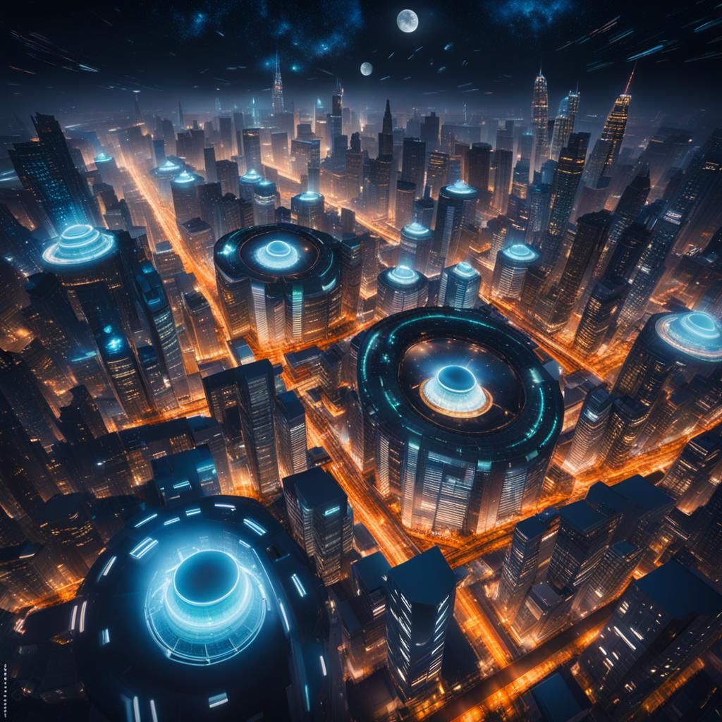 Futuristic Flying City at Night: Professional Photography
