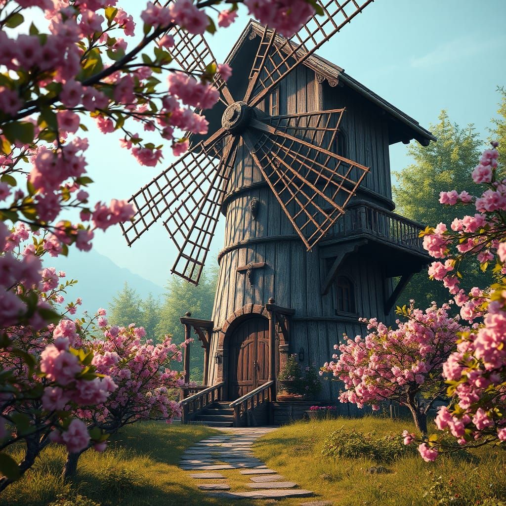 Mystical Windmill in Blooming Cherry Orchard, Fantasy Art