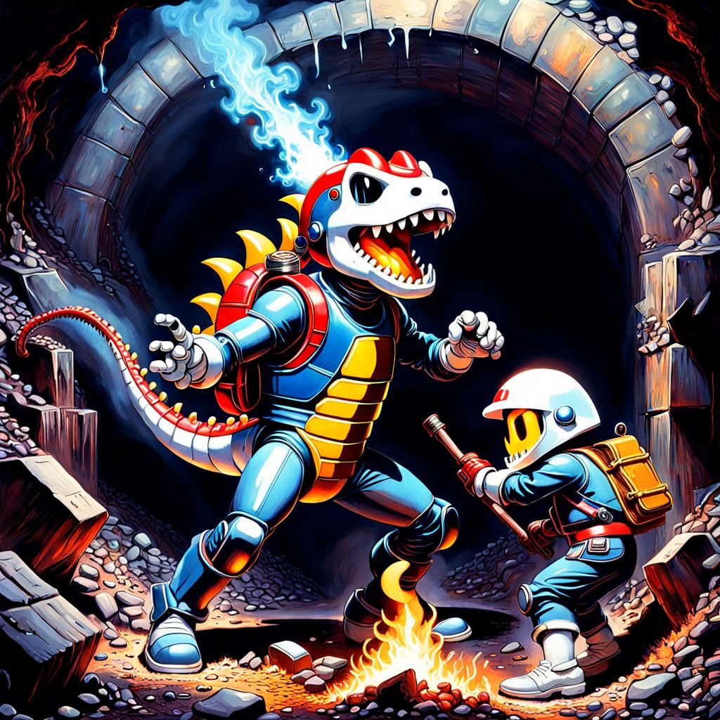 Dig Dug Battles Dragon: Cyberpunk Sci-Fi Futurism