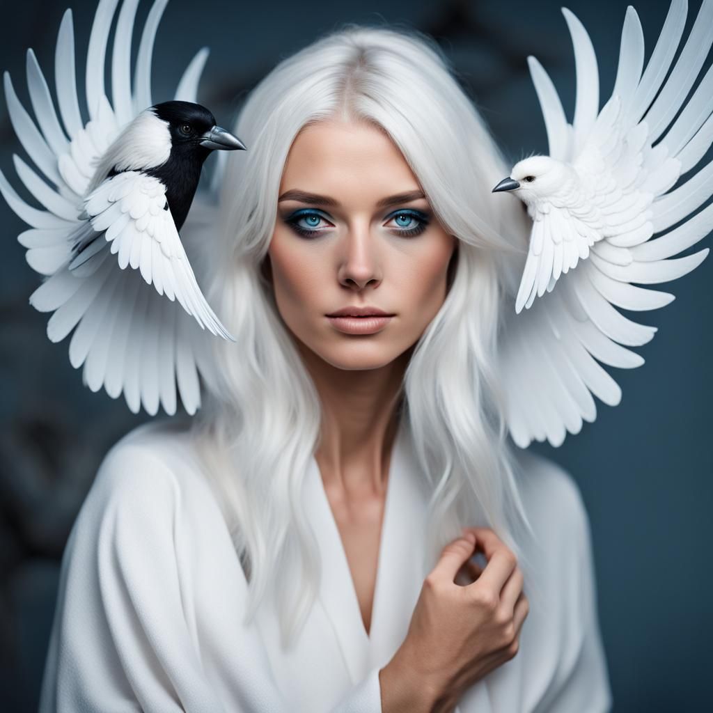 Magpie Woman with White Hair and Wings