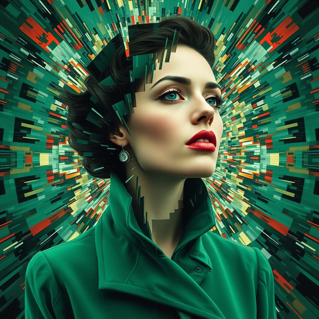 A digital glitch collage of a woman in a green emerald coat fragments distorted images, pixel shifts, data-laden texture...
