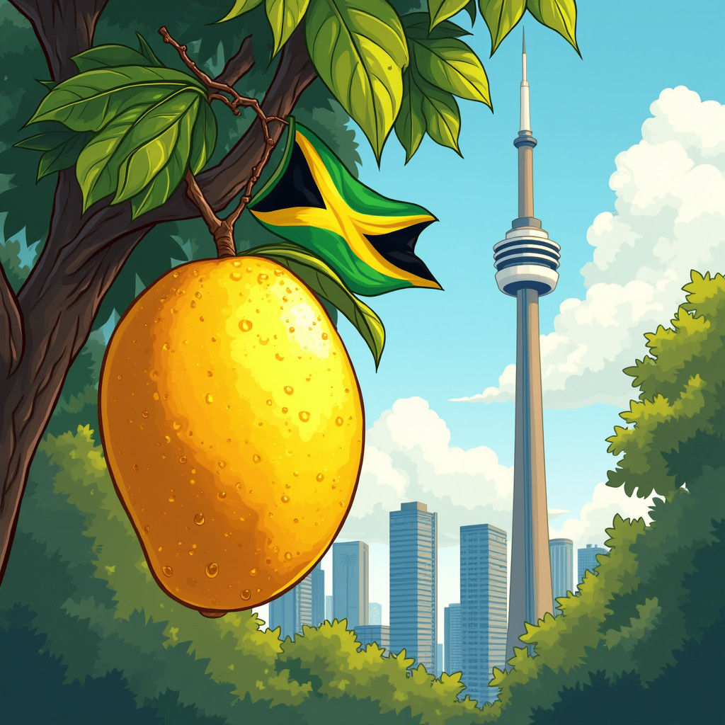 Cartoon Mango Falling Near CN Tower with Jamaican Flag